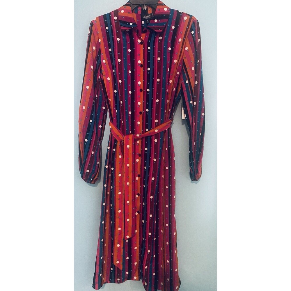 Abbott Elementary Pink Red Stripe Dot Multi Shirt Dress W Belt SMALL MSRP$69 NWT